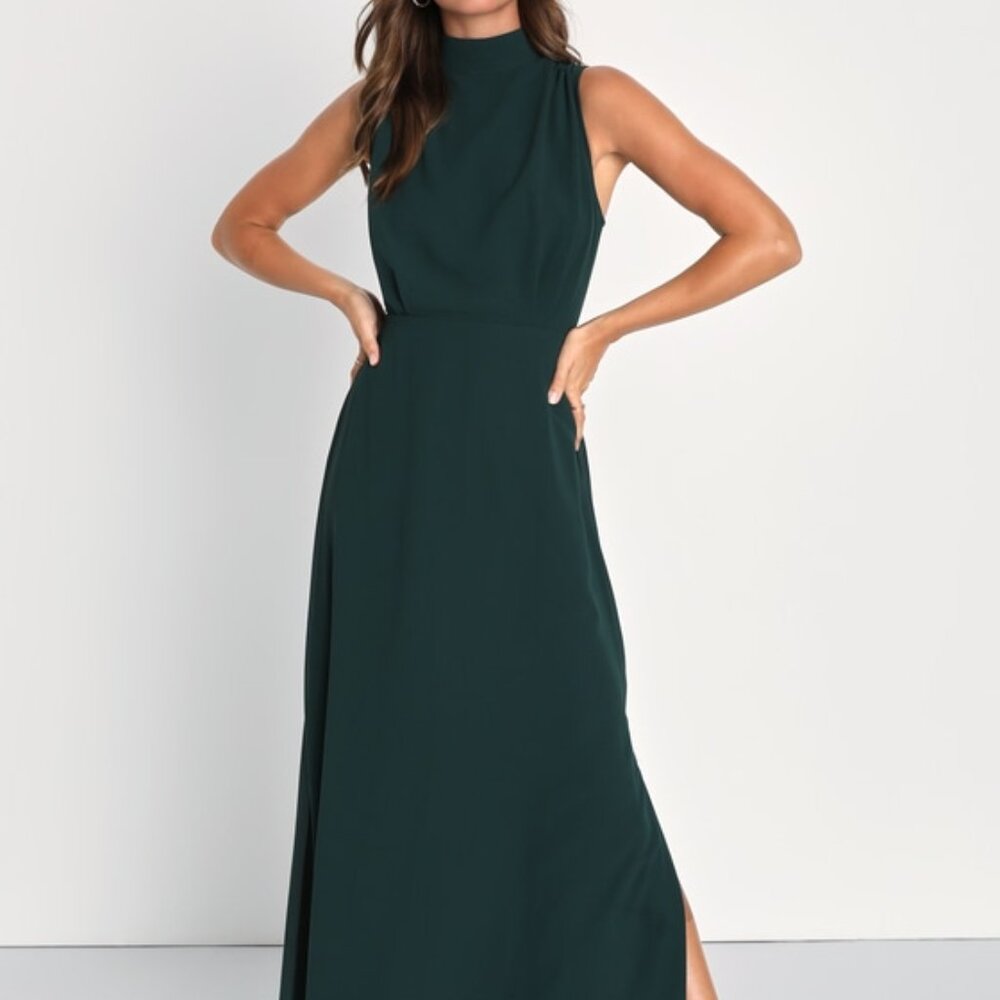 Lulus Classic Elegance Emerald Chiffon Sleeveless Mock Neck Maxi Dress Green